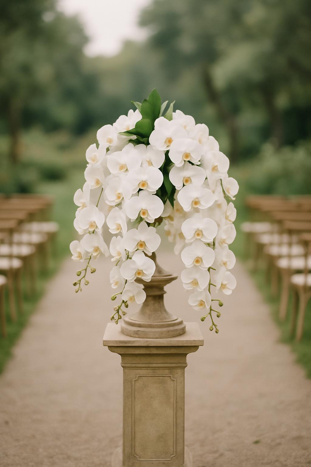 An outdoor setting, possibly a wedding, featuring a stone pedestal with white orchids in a vase down the center of a walkw...