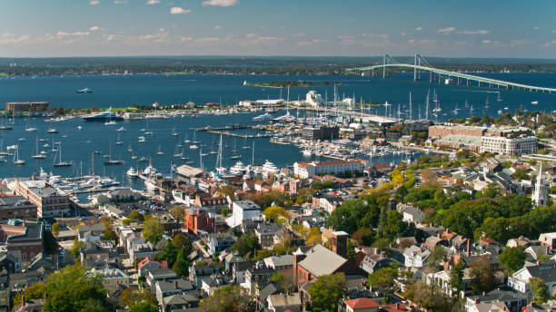 Aerial view of Newport, Rhode Island coastline in autumn light
